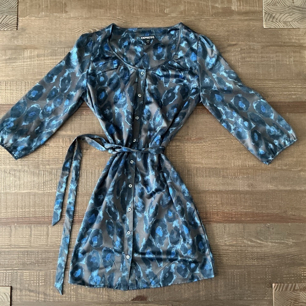 Express Blue and Gray Animal Button Down Belted Mid Mini Dress